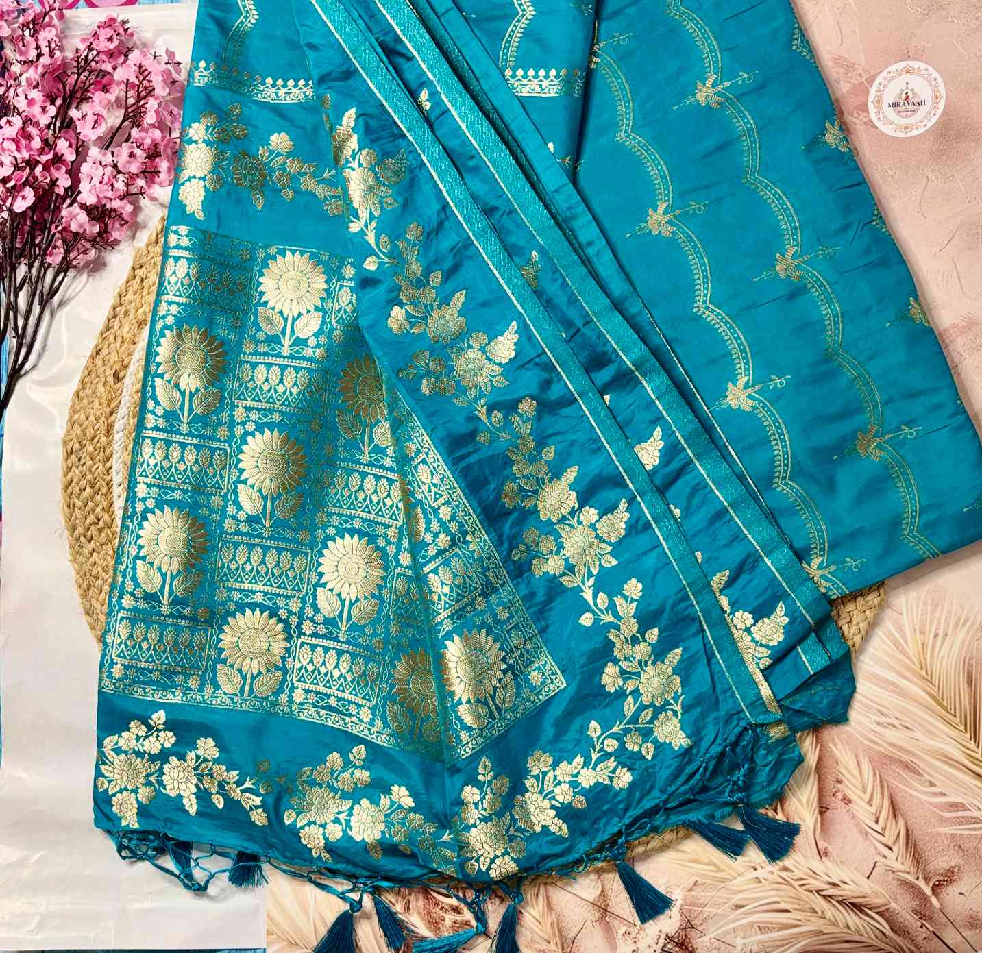 Teal Blue Pure Dola Silk Saree with Zari Motifs