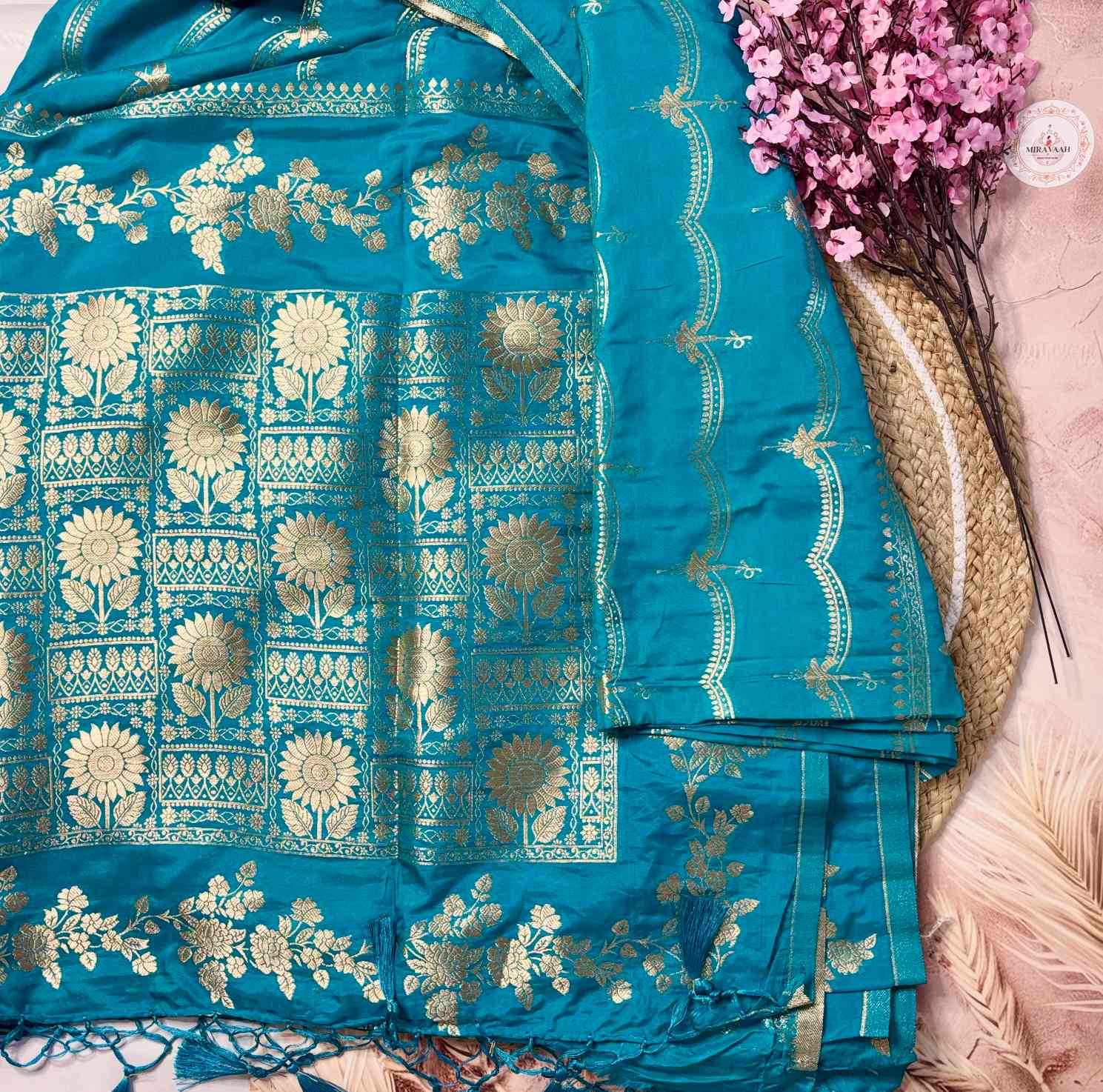 Teal Blue Pure Dola Silk Saree with Zari Motifs