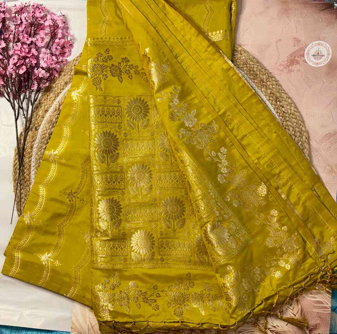 Mustard Yellow Pure Dola Silk Saree