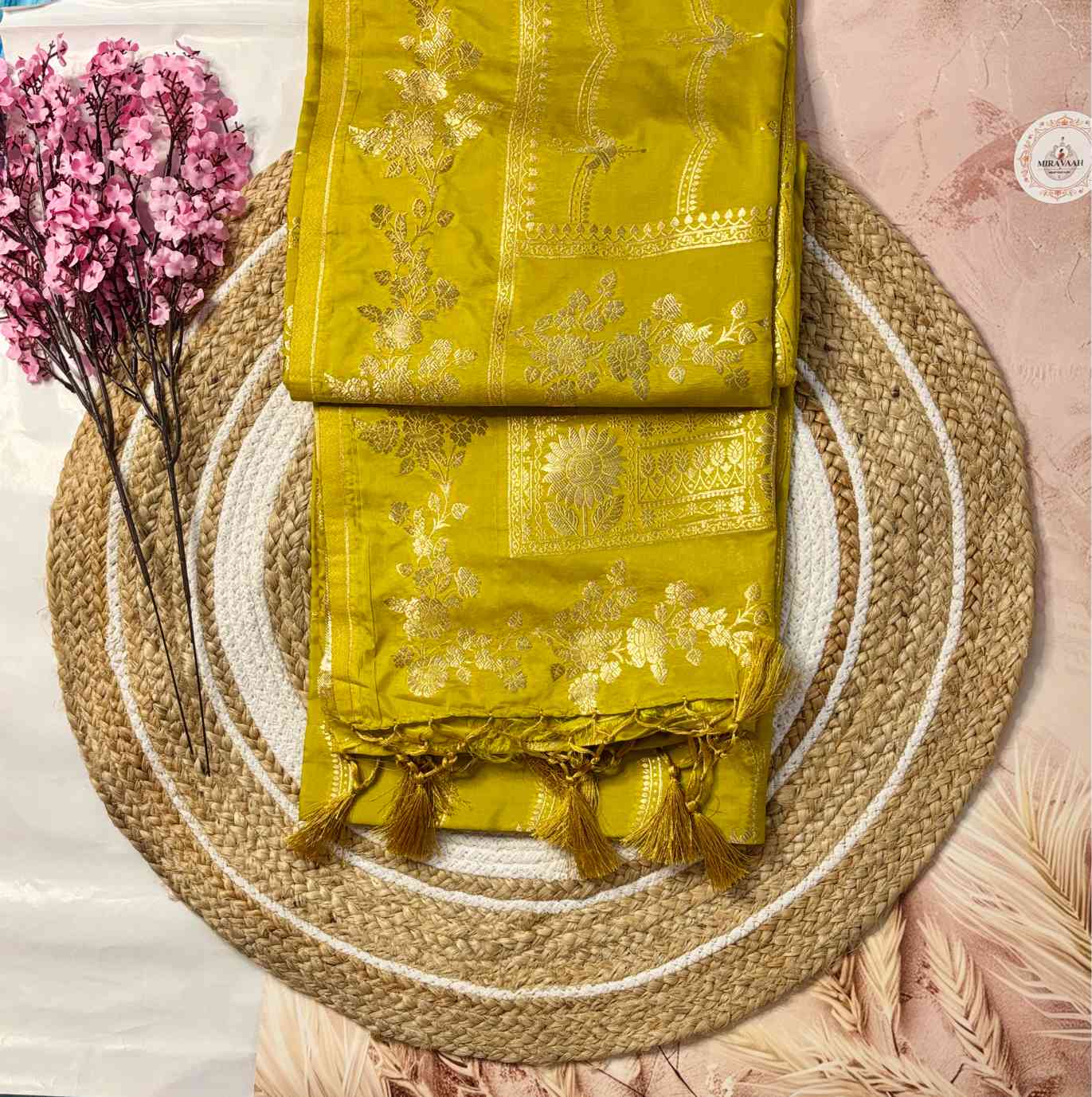 Mustard Yellow Pure Dola Silk Saree