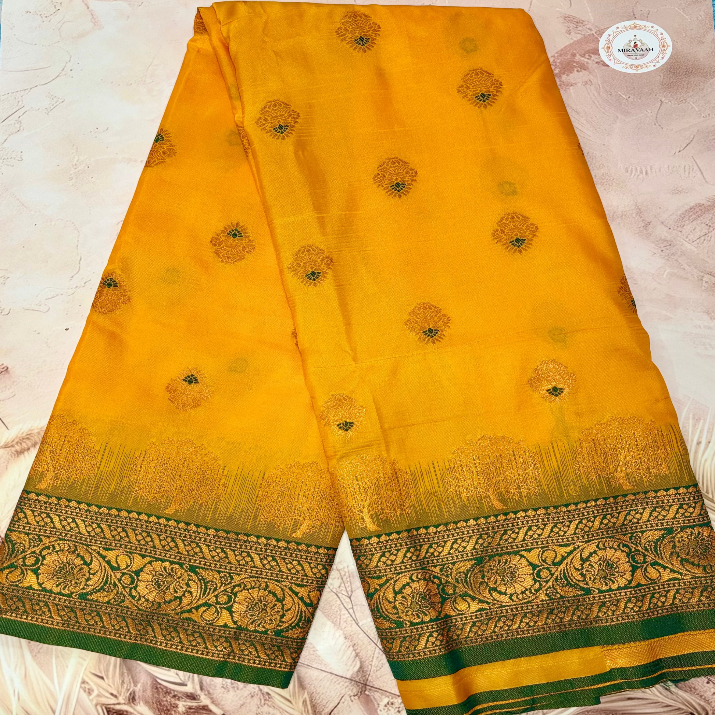 Mustard Yellow Kanchipuram Silk Saree with Green Border