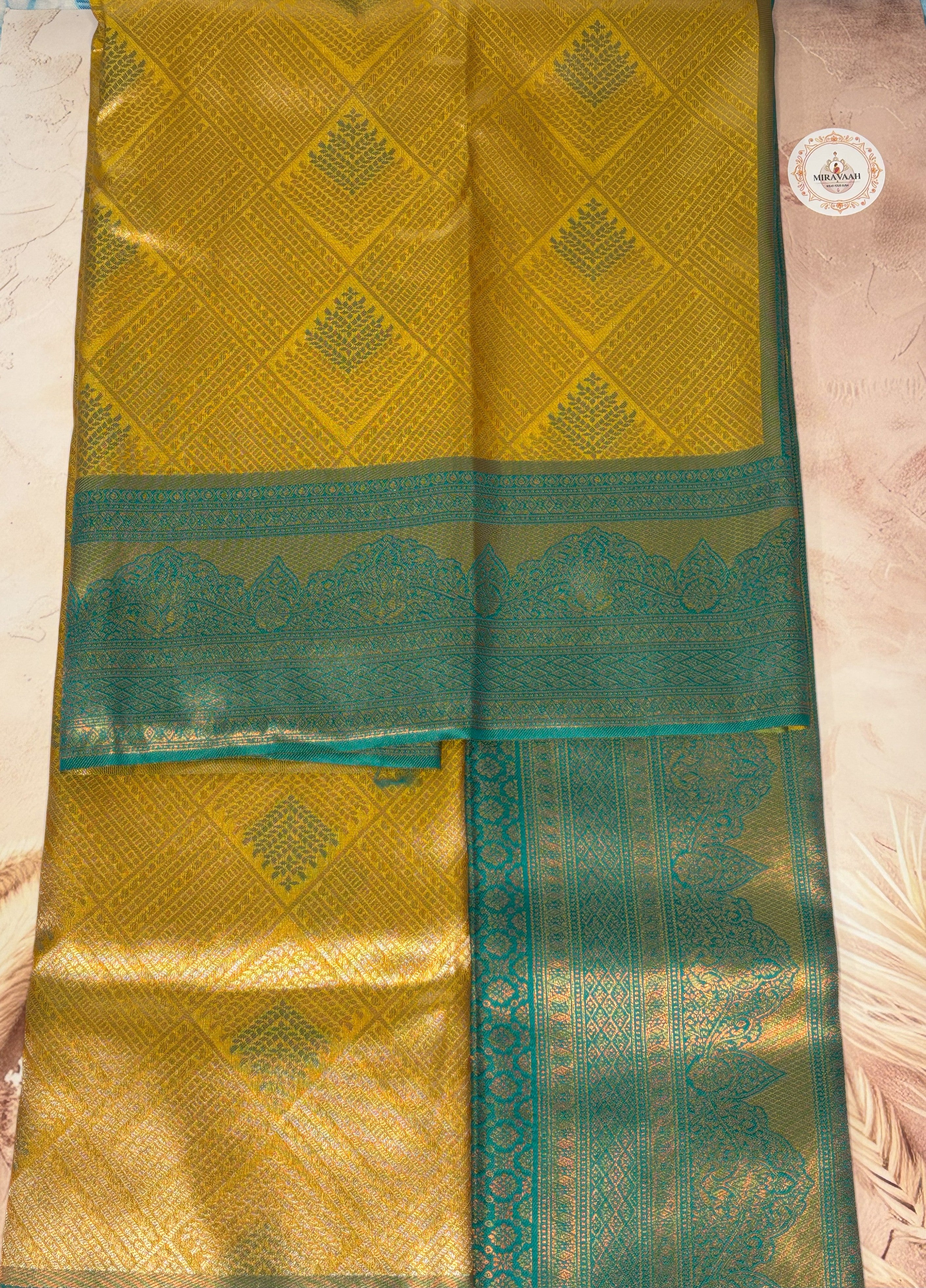 Mustard Yellow Kanchipuram Silk Saree with Green Border