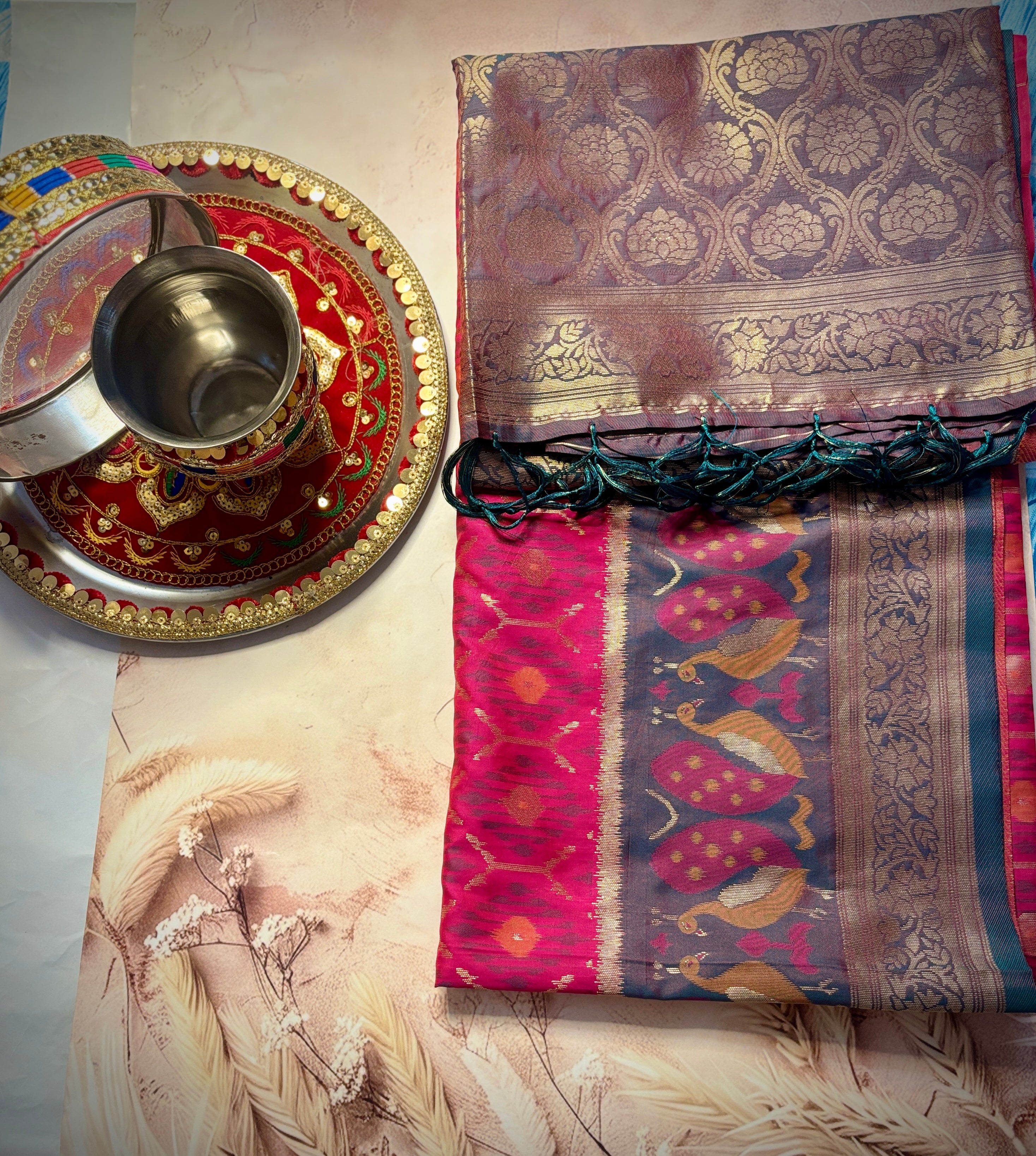 Pinky Grey Blossom Ikkat Patola Silk Saree