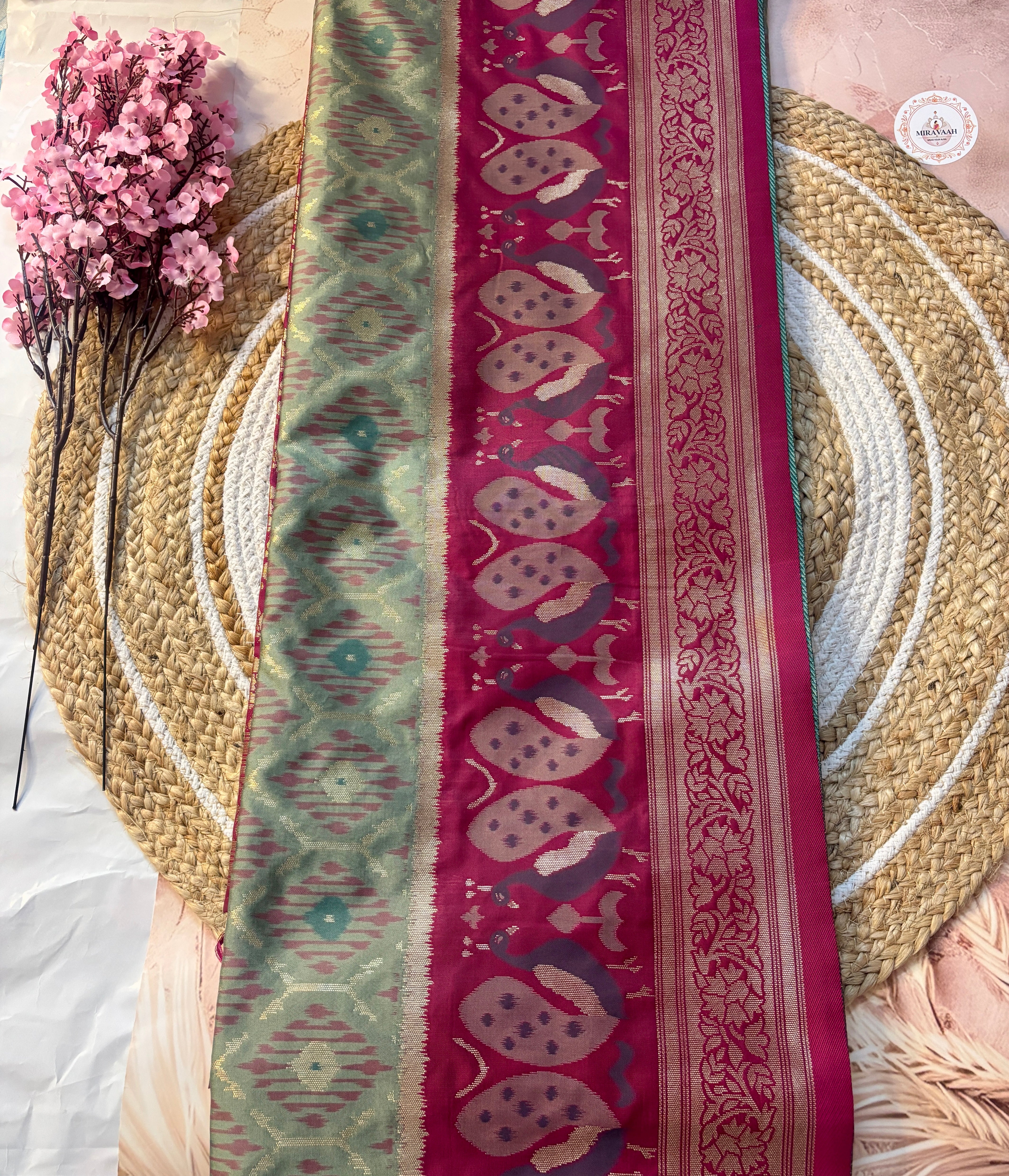 Ruby Pink Peacock Ikkat Patola Silk Saree