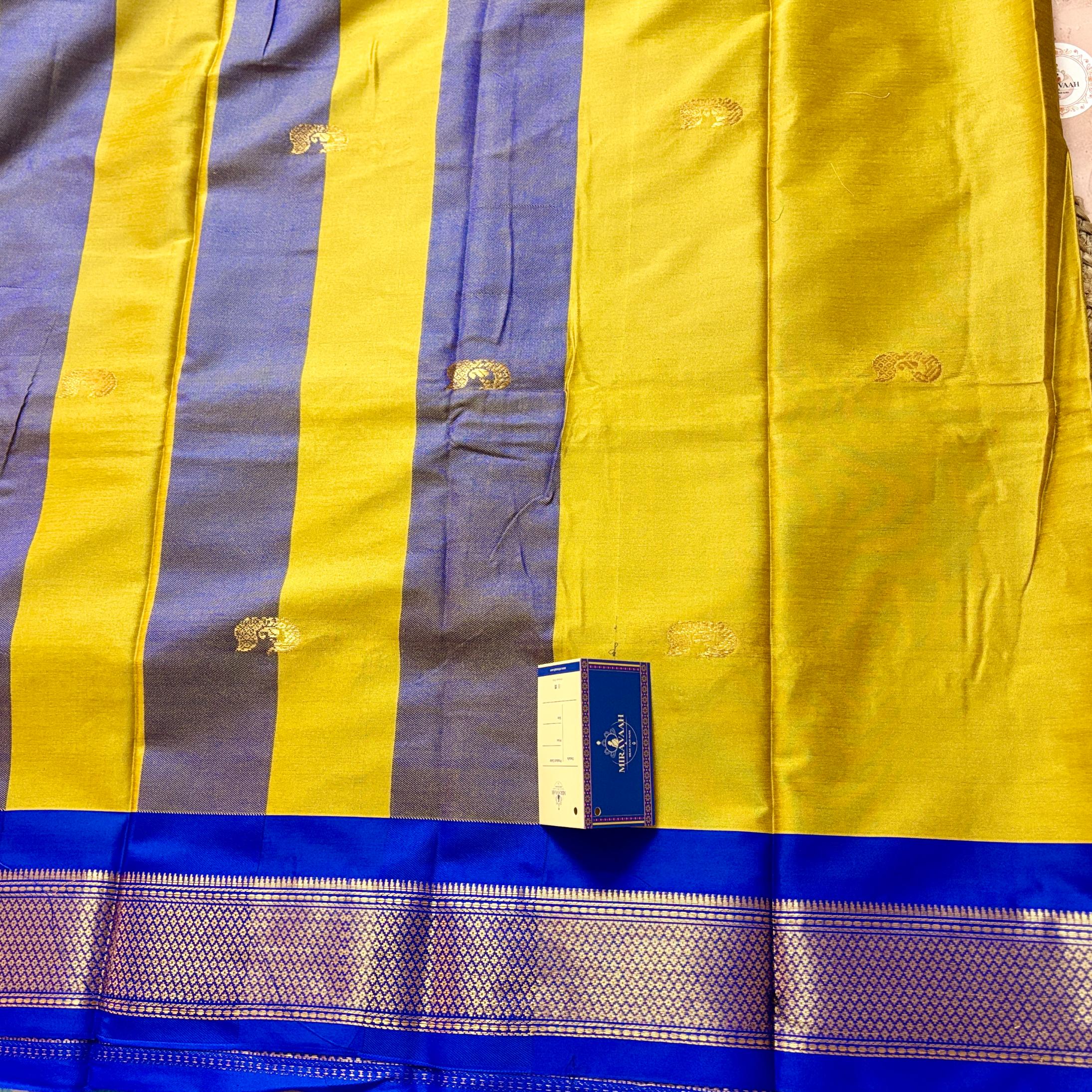 Shakti Vilas Mustard Yellow Royal Blue Border Gadwal Silk Saree