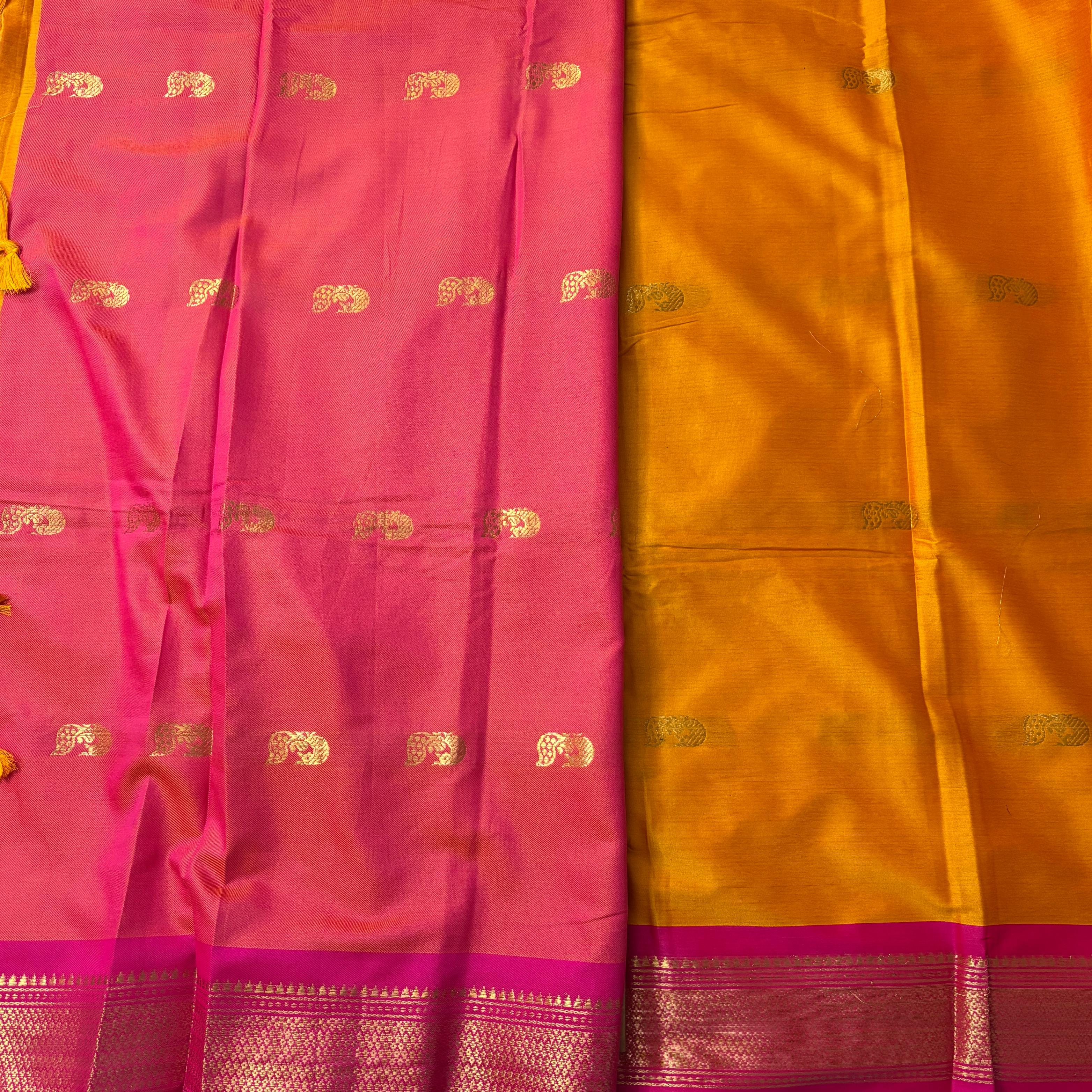 Surya Kanaka Golden Orange with Rani Pink Gadwal Silk Saree