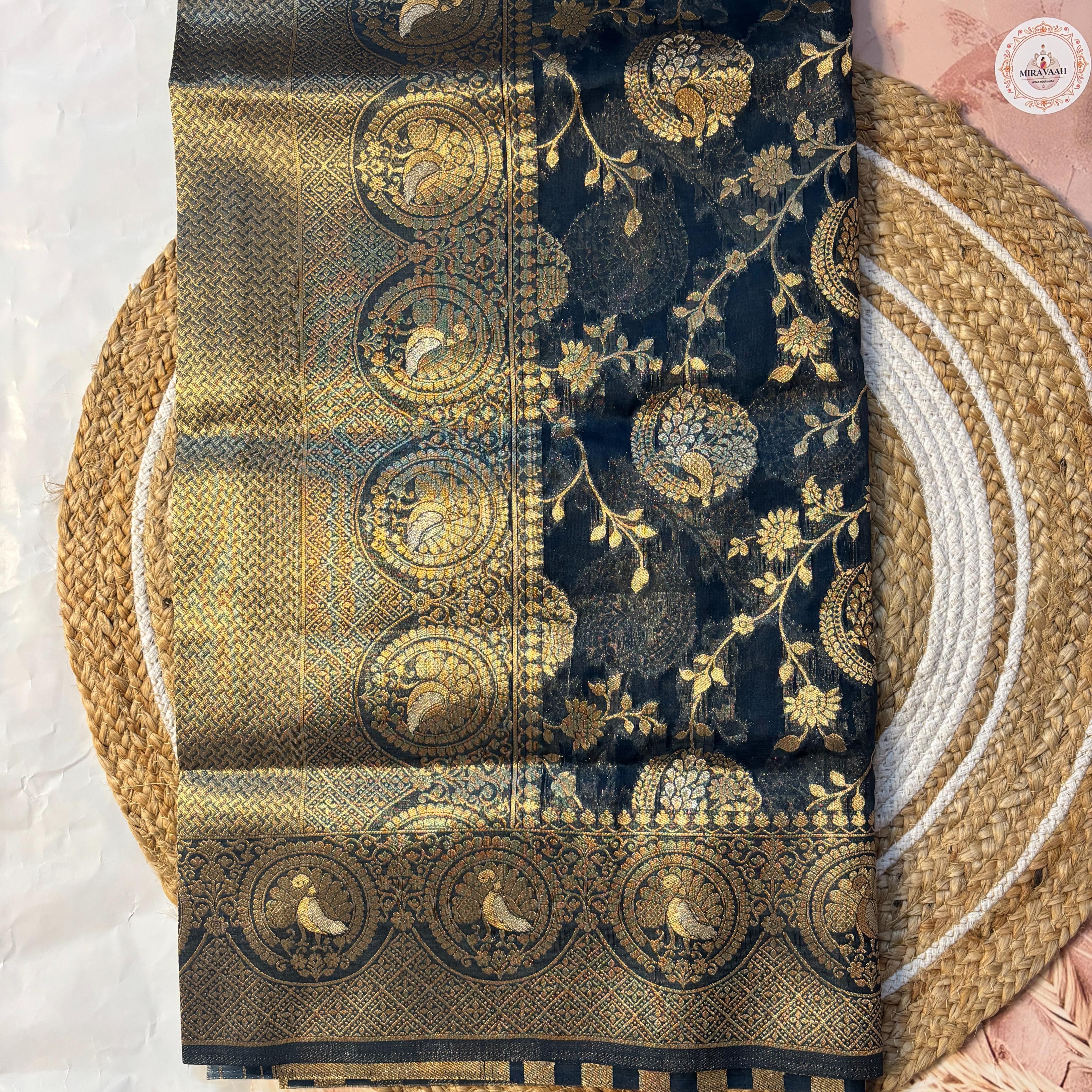 Royal Peacock Blue Premium Khadi Organza Banarasi Saree