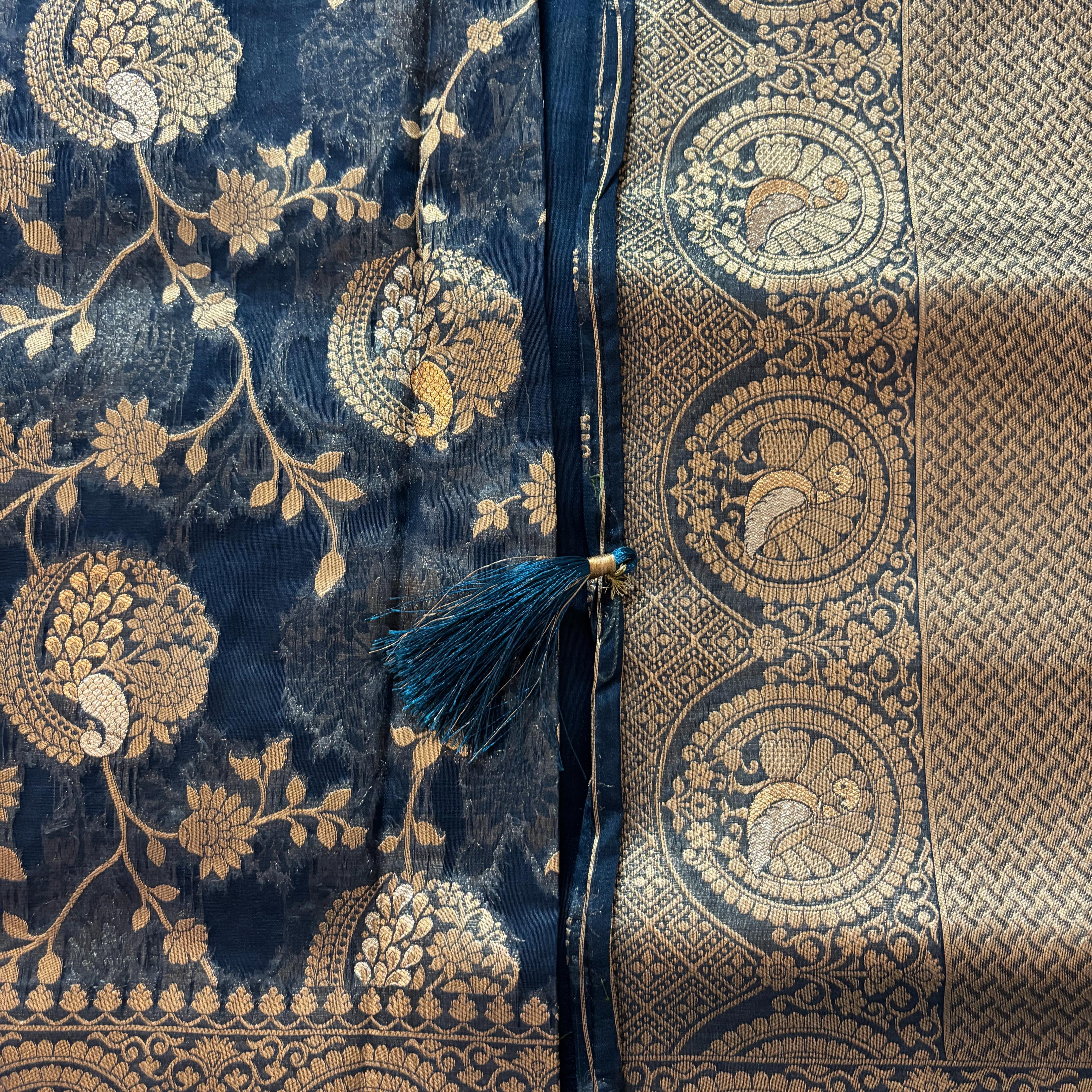 Royal Peacock Blue Premium Khadi Organza Banarasi Saree