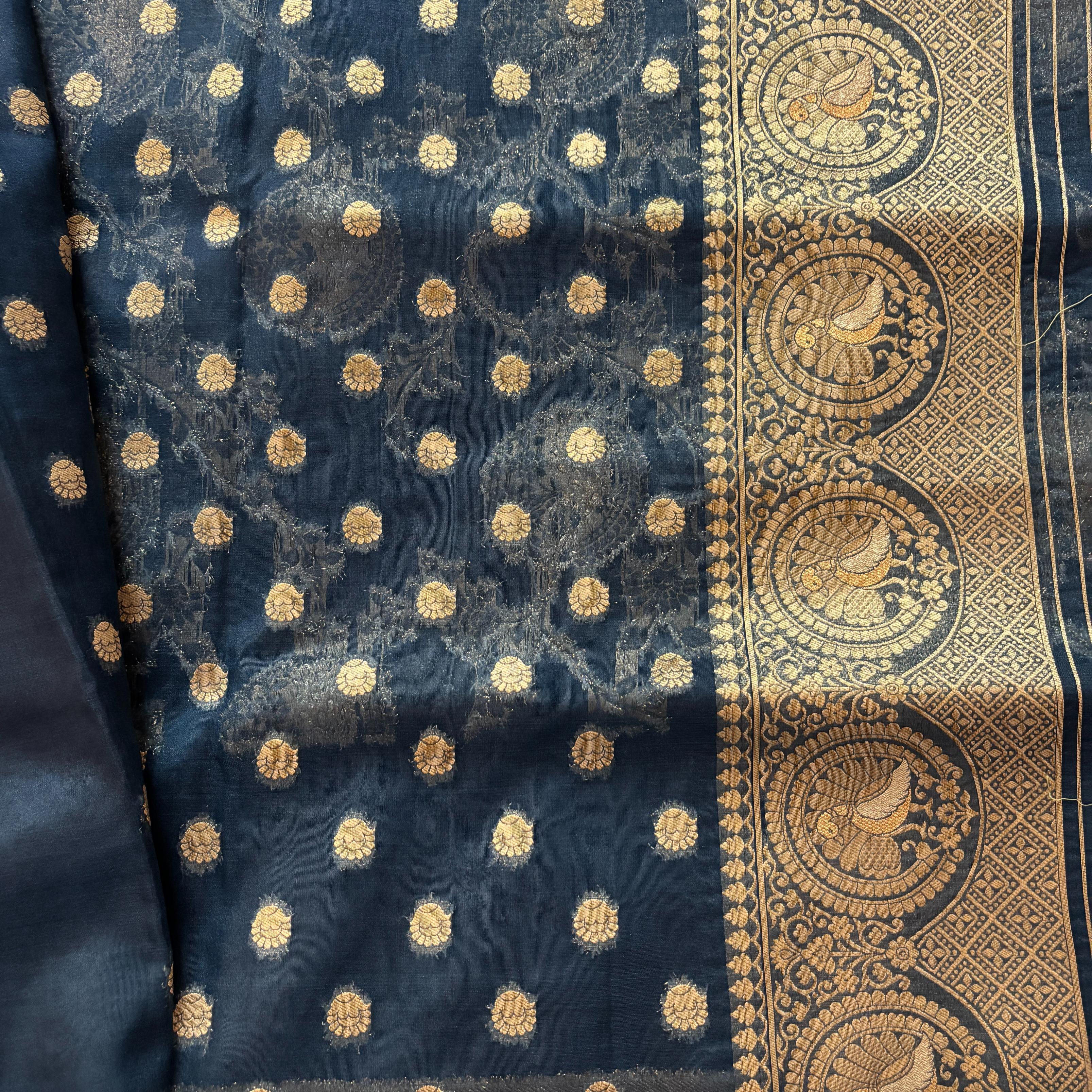 Royal Peacock Blue Premium Khadi Organza Banarasi Saree