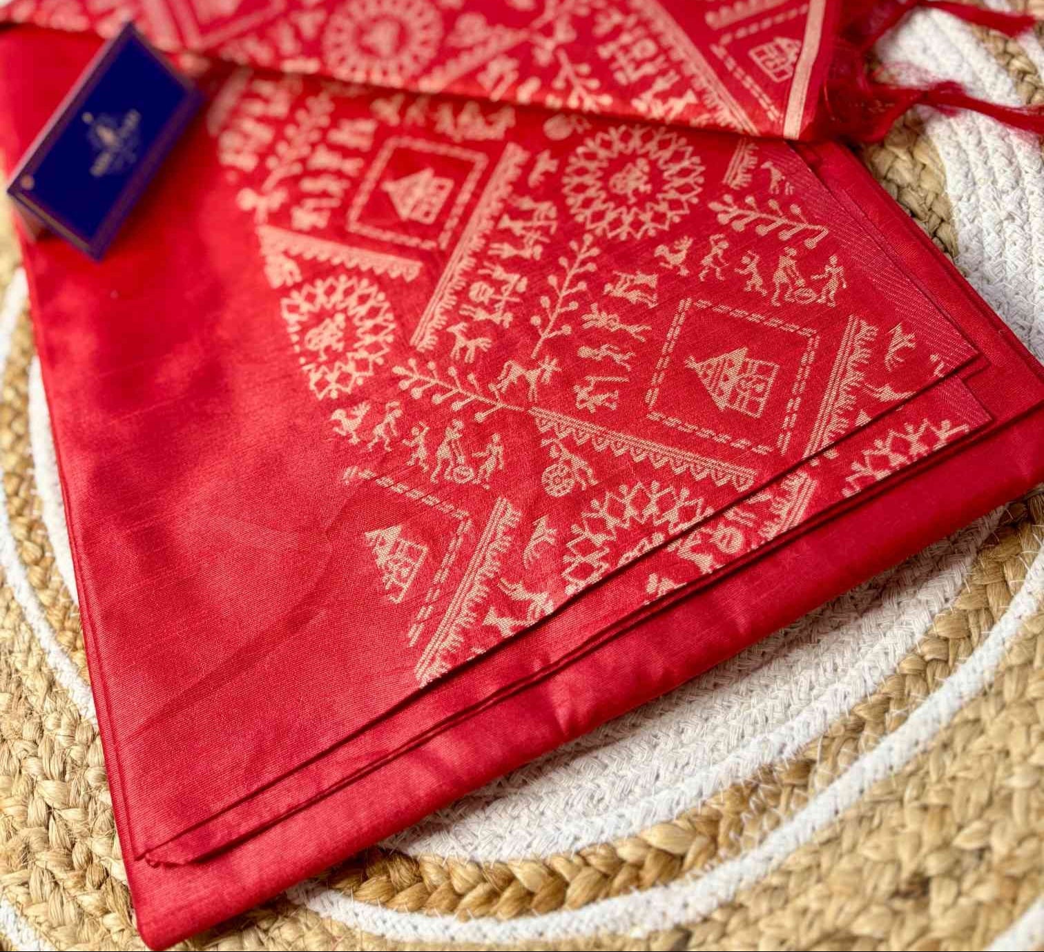 Kumkum Red Premium Kashmere Kalamkari Katha Handwoven Saree