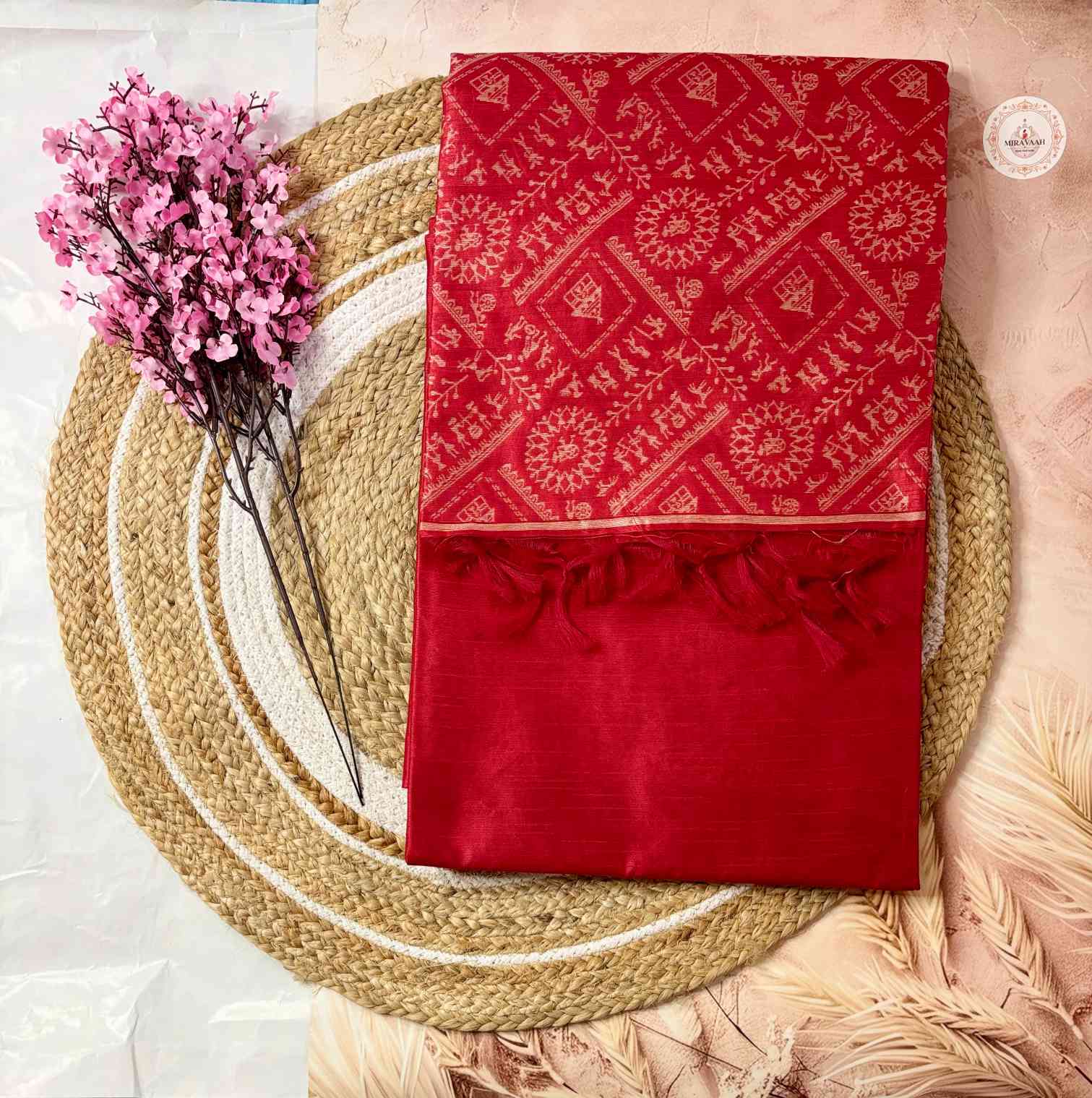Kumkum Red Premium Kashmere Kalamkari Katha Handwoven Saree