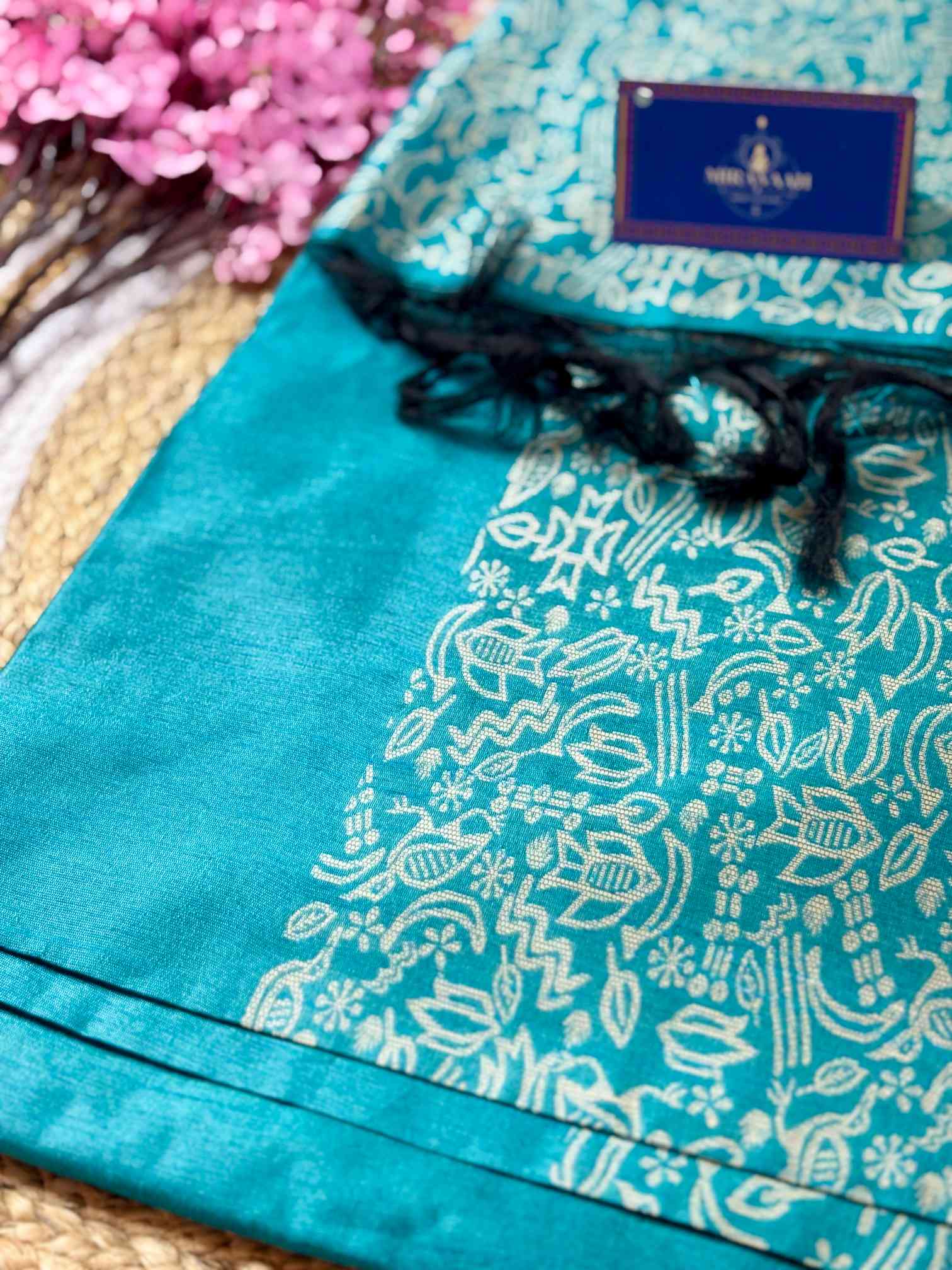 Peacock Teal Premium Kashmere Kalamkari Katha Handwoven Saree