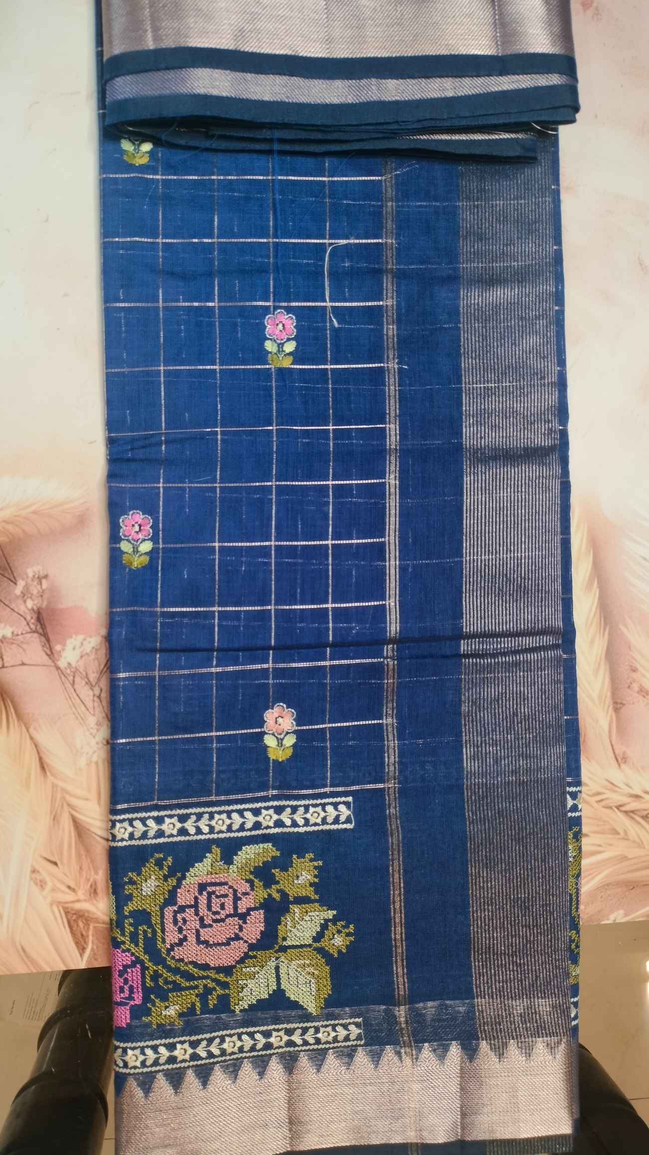 Navy Blue Premium Mangalgiri Saree
