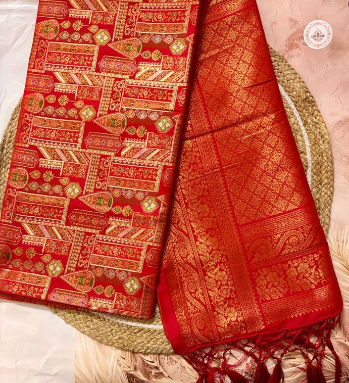 Surkhya Premium Red Pashmina Zari Silk Saree