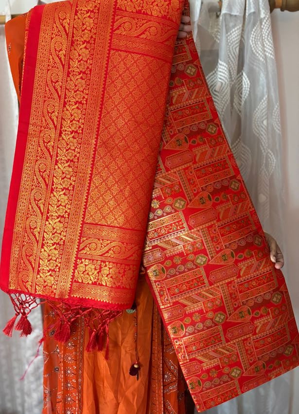 Surkhya Premium Red Pashmina Zari Silk Saree
