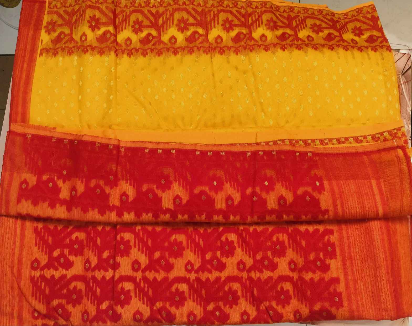 Yellow with Red Premium Dhakai Jamdani Saree
